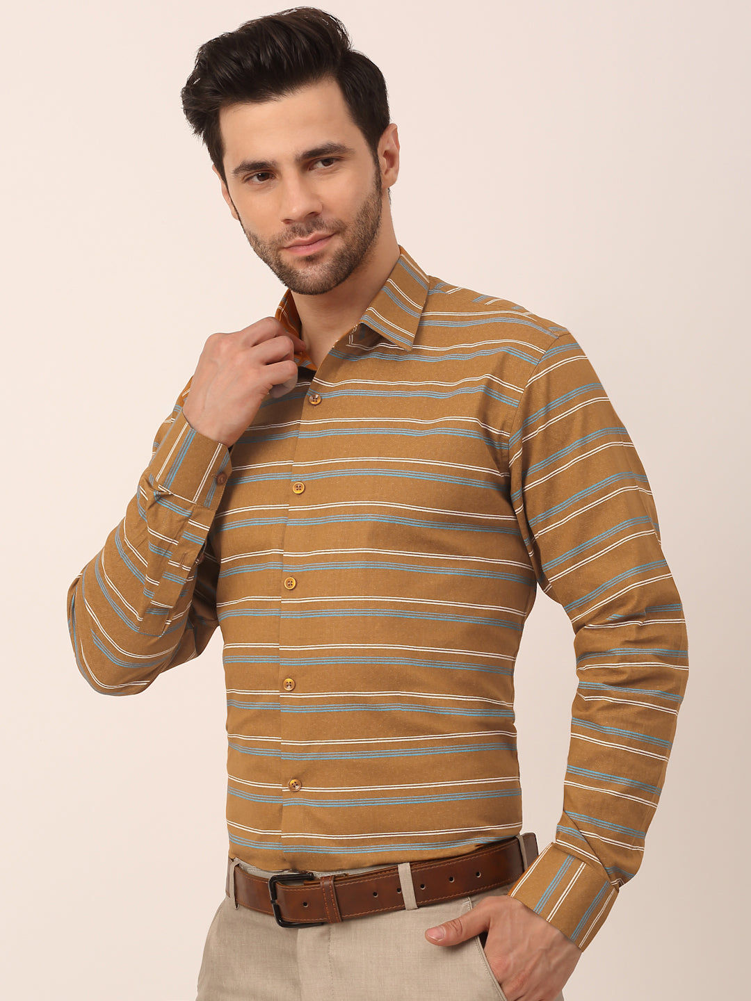 Men's  Cotton Striped Formal Shirts ( SF 820Mustard ) - Jainish