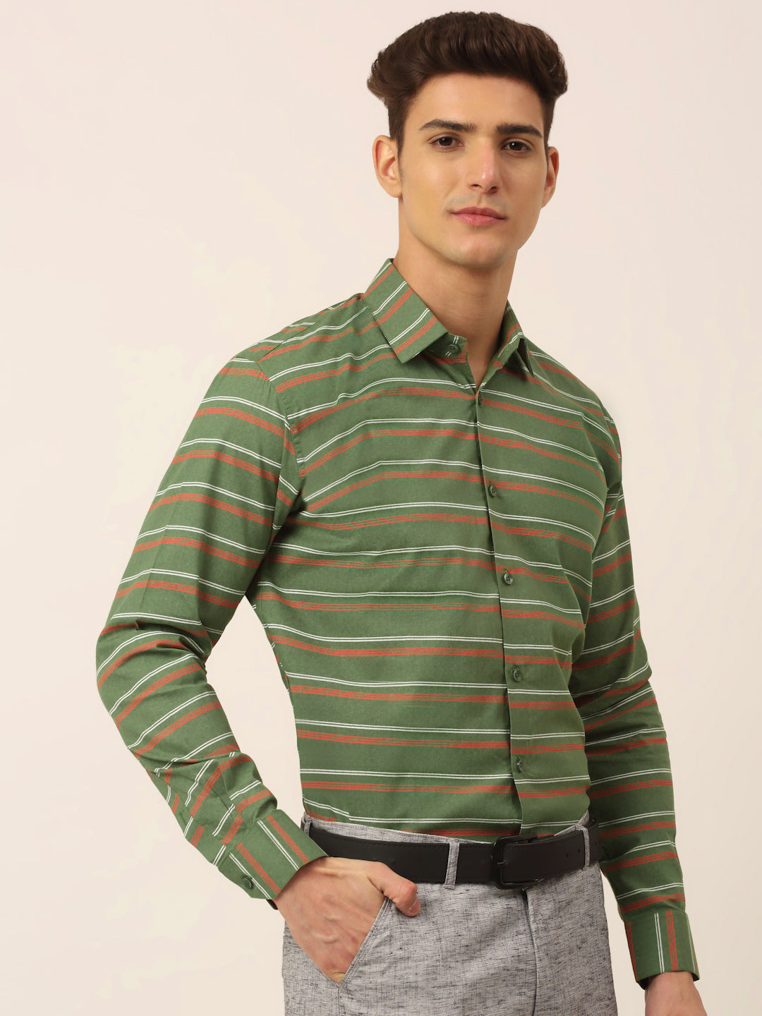 Men's  Cotton Striped Formal Shirts ( SF 820Olive ) - Jainish