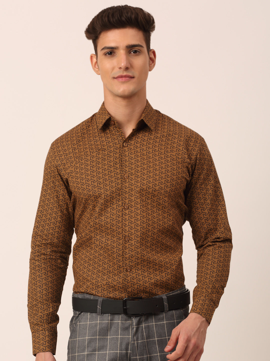 Men's  Cotton Printed Formal Shirts ( SF 821Beige ) - Jainish