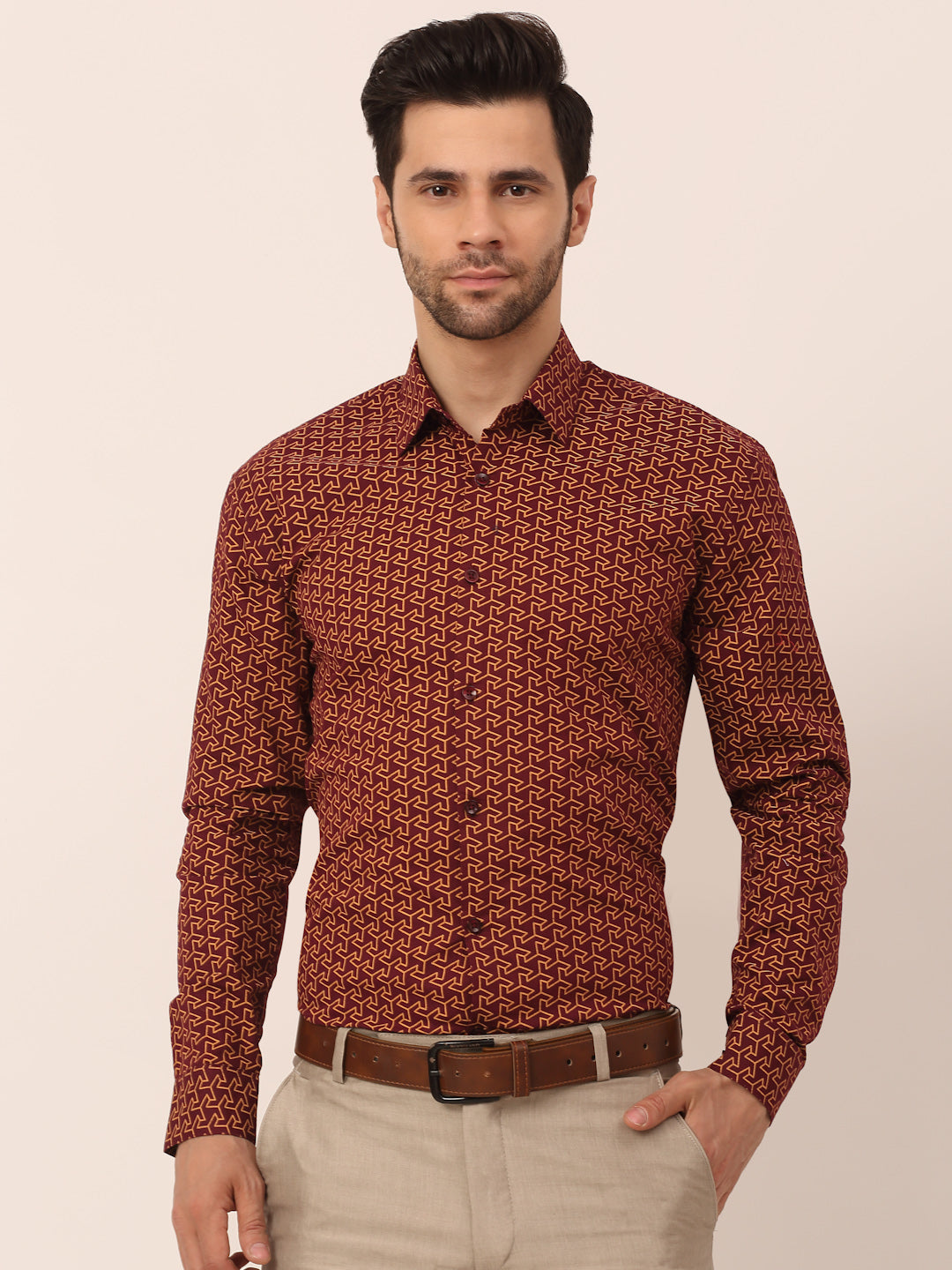 Men's  Cotton Printed Formal Shirts ( SF 821Brown ) - Jainish