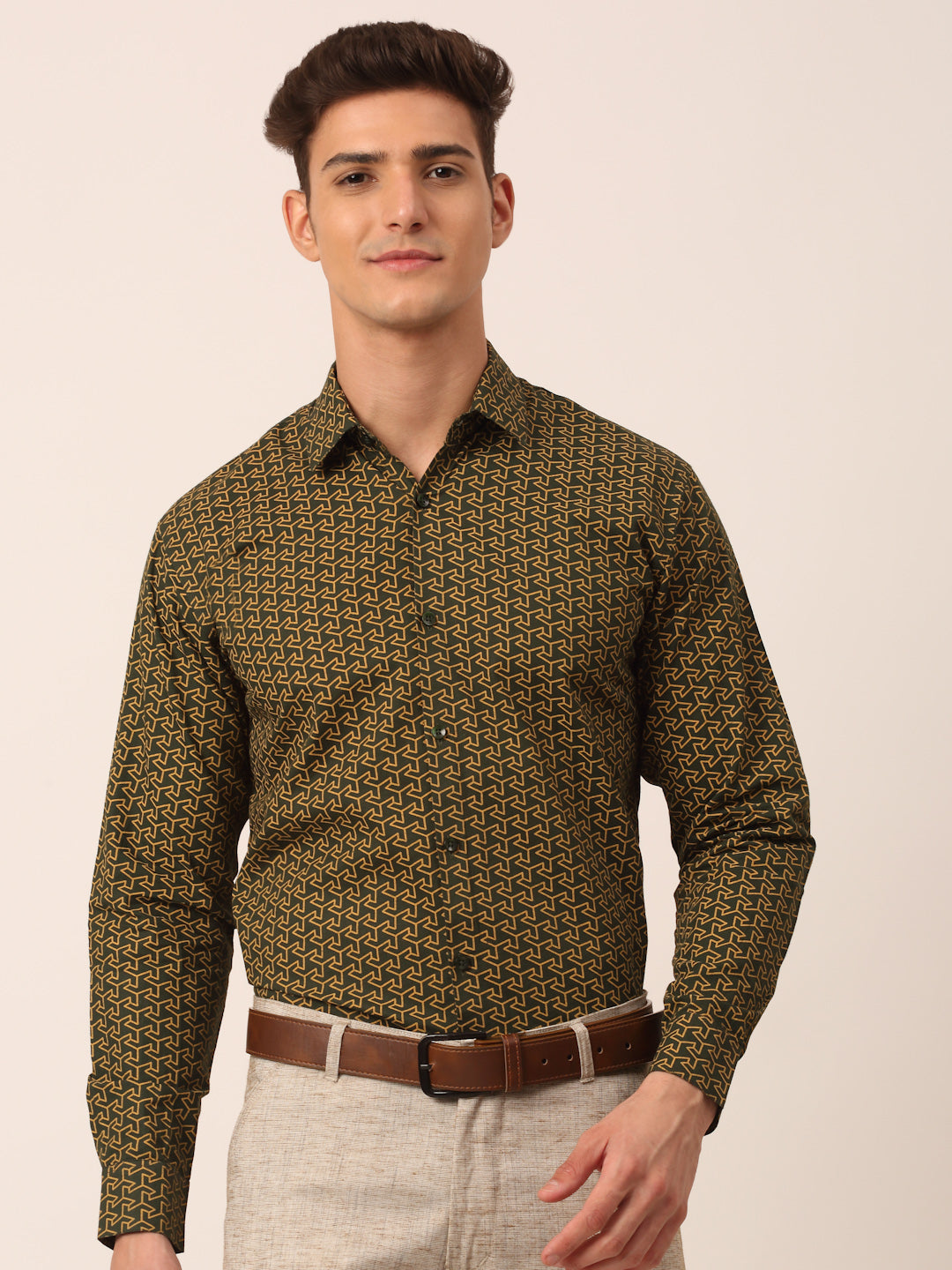 Men's  Cotton Printed Formal Shirts ( SF 821Olive ) - Jainish
