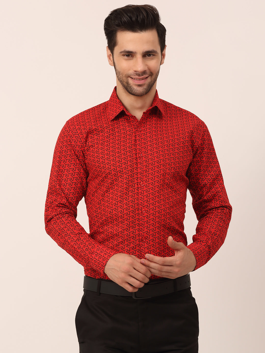Men's  Cotton Printed Formal Shirts ( SF 821Red ) - Jainish