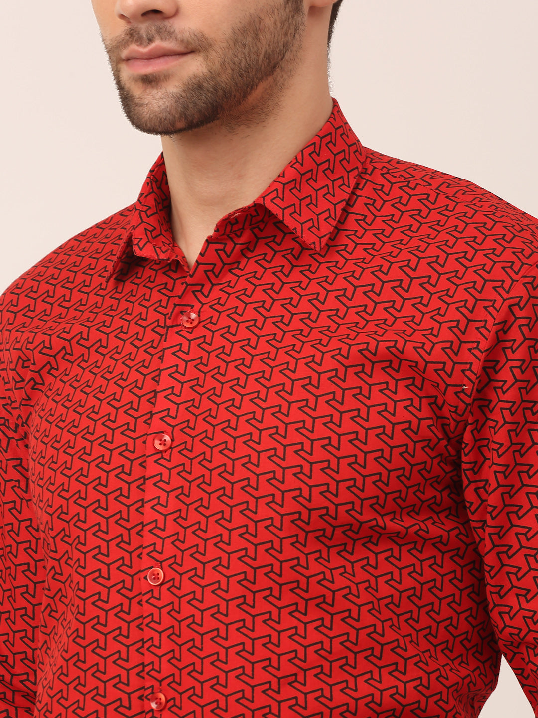 Men's  Cotton Printed Formal Shirts ( SF 821Red ) - Jainish