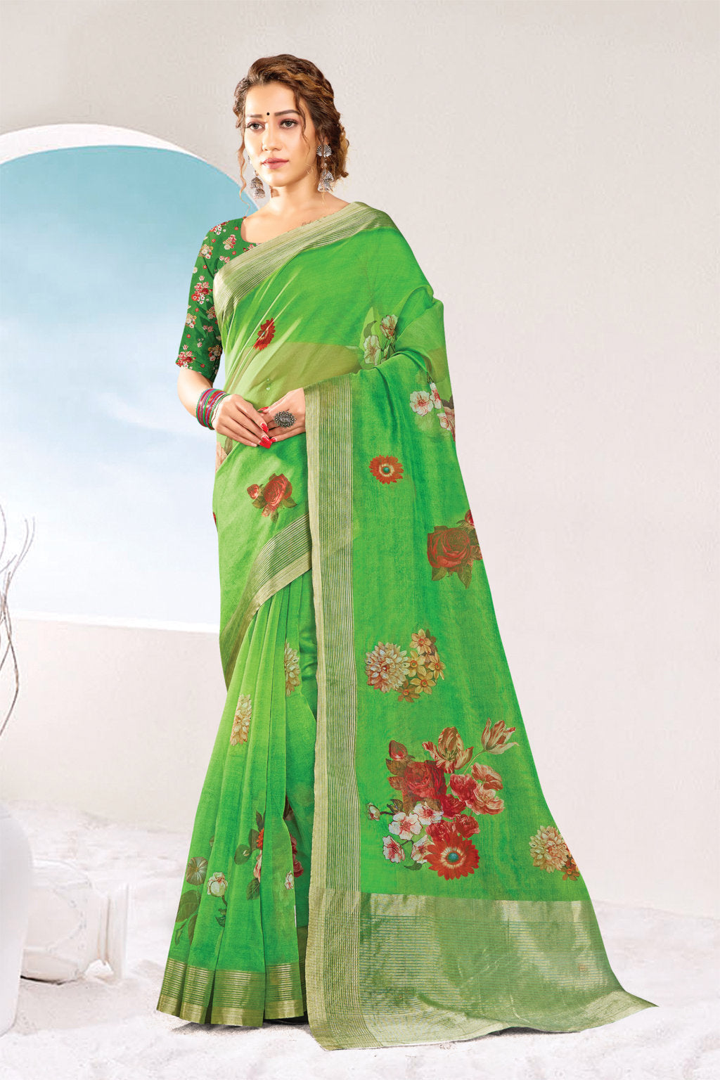 Women's Light Green Organza Printed Traditional Saree - Sangam Prints