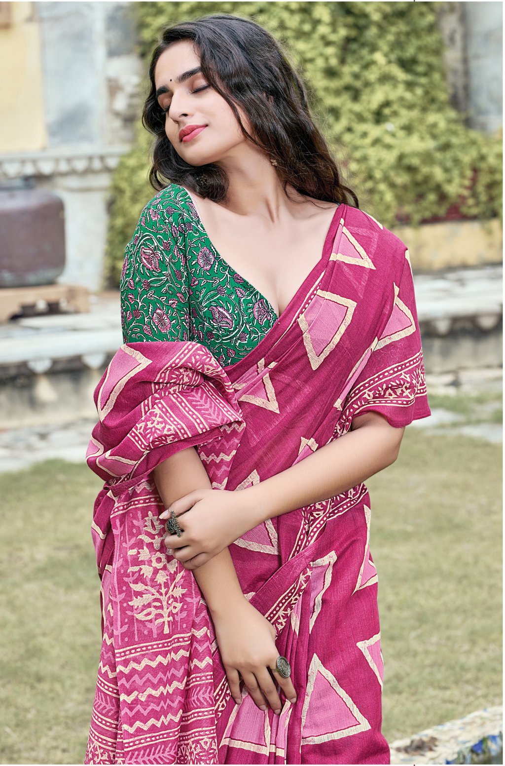 Women's Pink Cotton Printed Traditional Saree - Sangam Prints