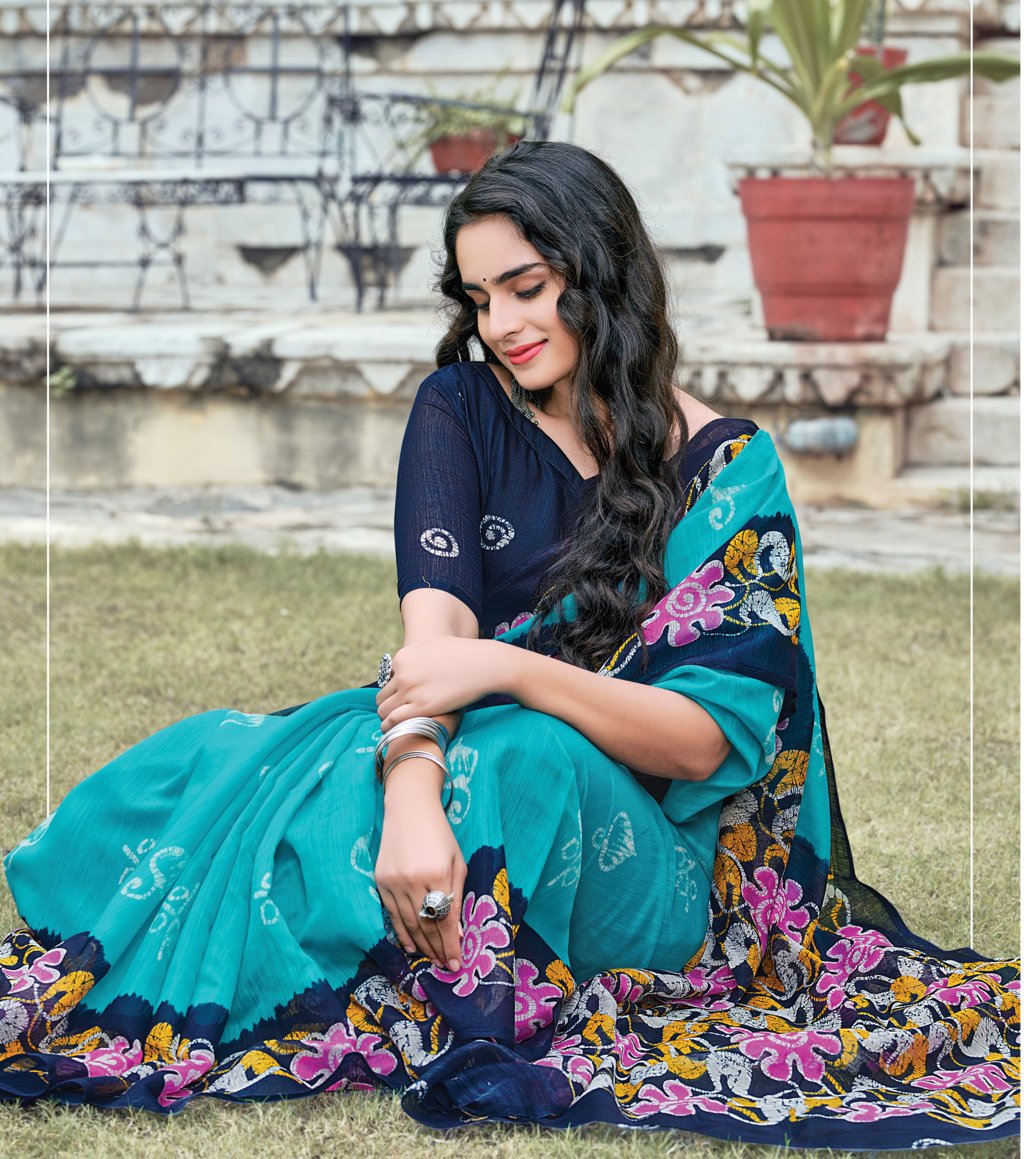 Women's Sky Blue Cotton Printed Traditional Saree - Sangam Prints