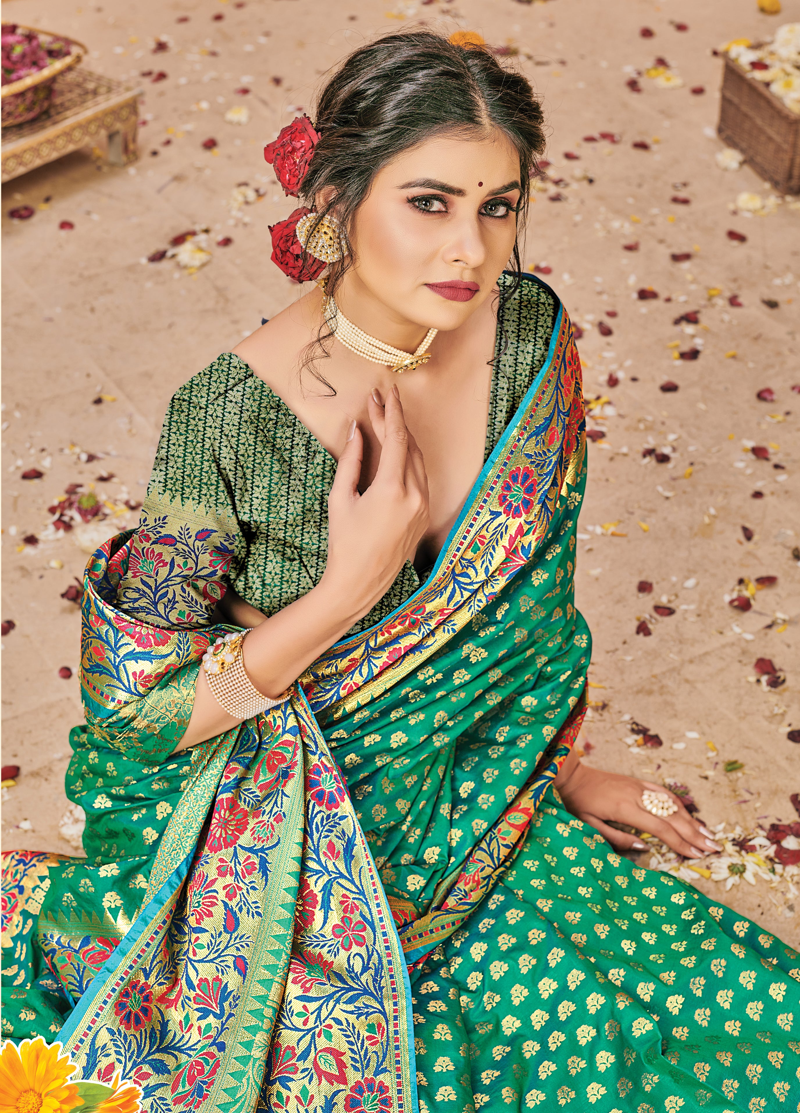 Women's Sangam Prints Rama Green Silk Woven Work Traditional saree - Sangam Prints