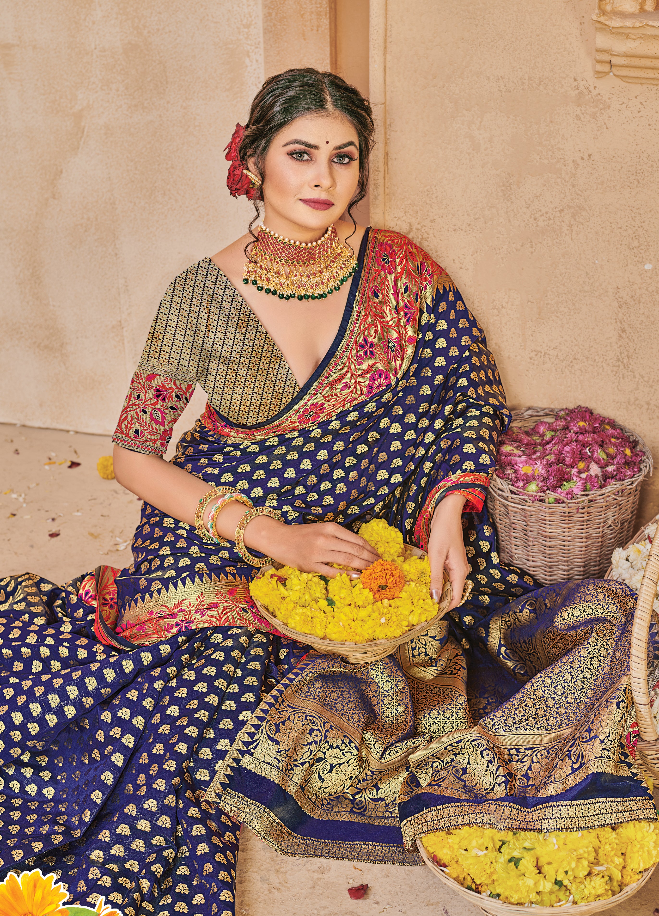Women's Sangam Prints Navy Blue Silk Woven Work Traditional saree - Sangam Prints