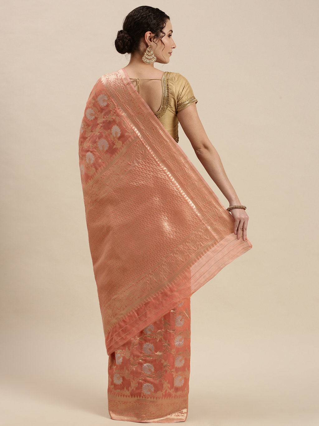 Women's Orange Linen Woven Work Traditional Saree - Sangam Prints