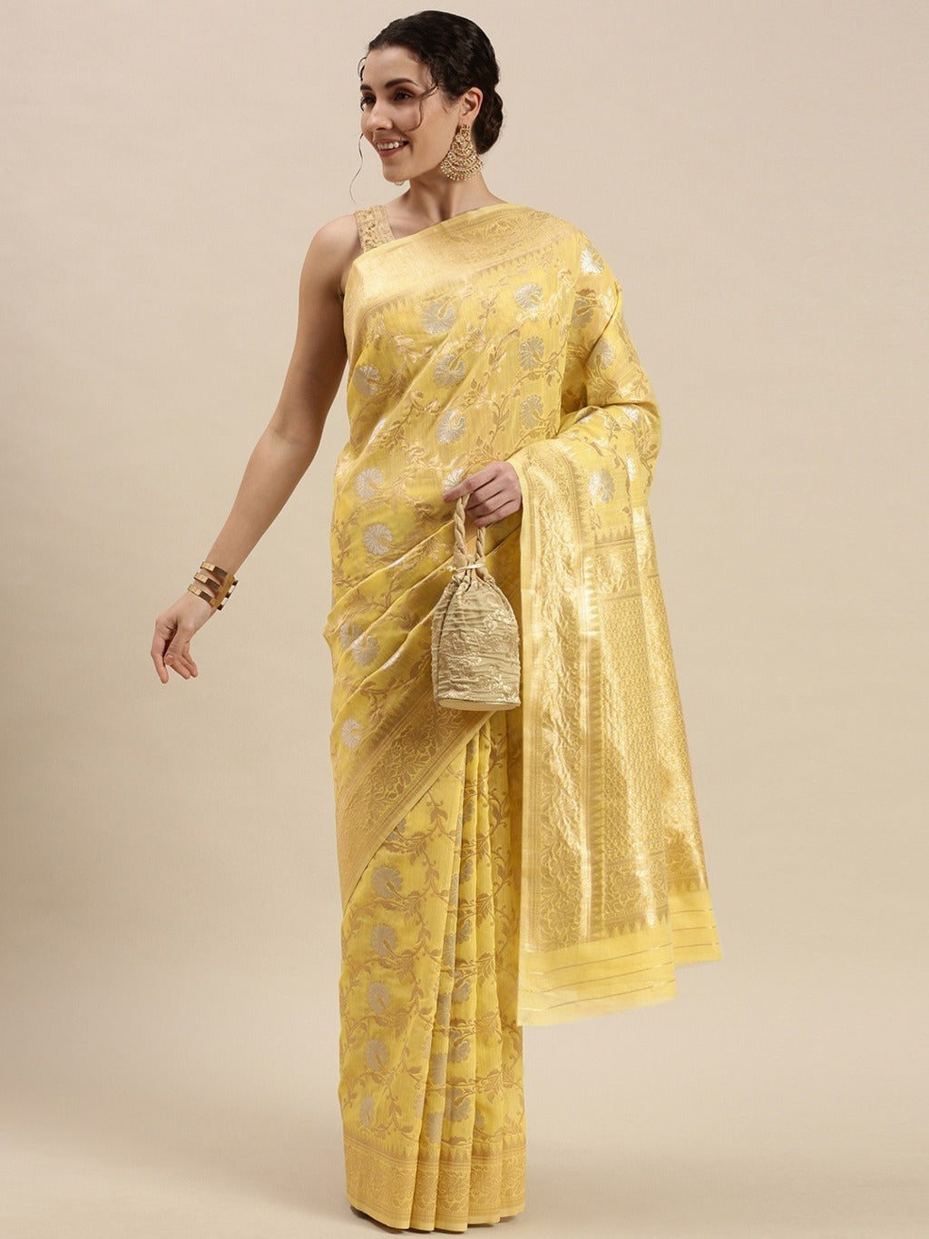 Women's Light Yellow Linen Woven Work Traditional Saree - Sangam Prints