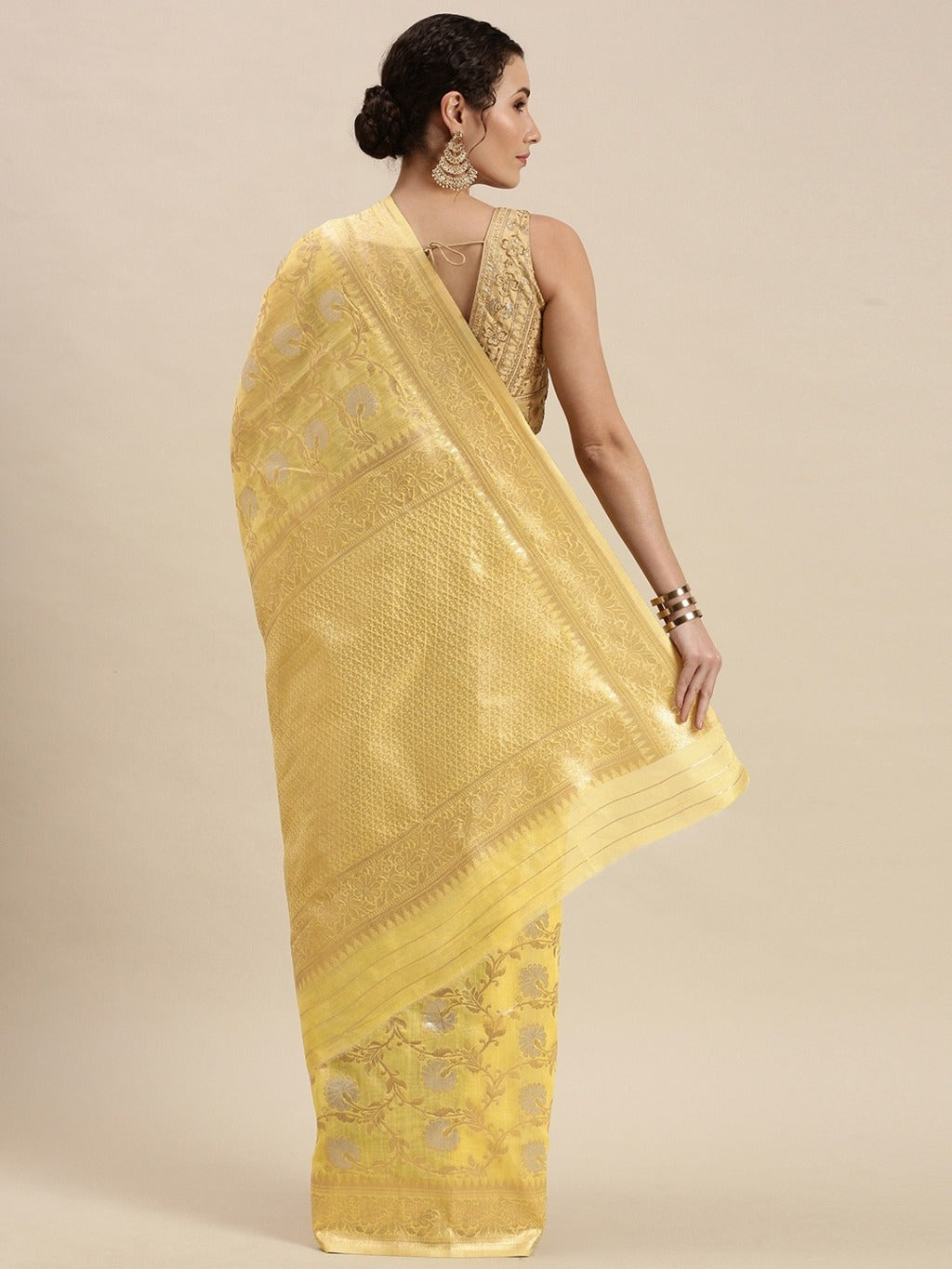 Women's Light Yellow Linen Woven Work Traditional Saree - Sangam Prints