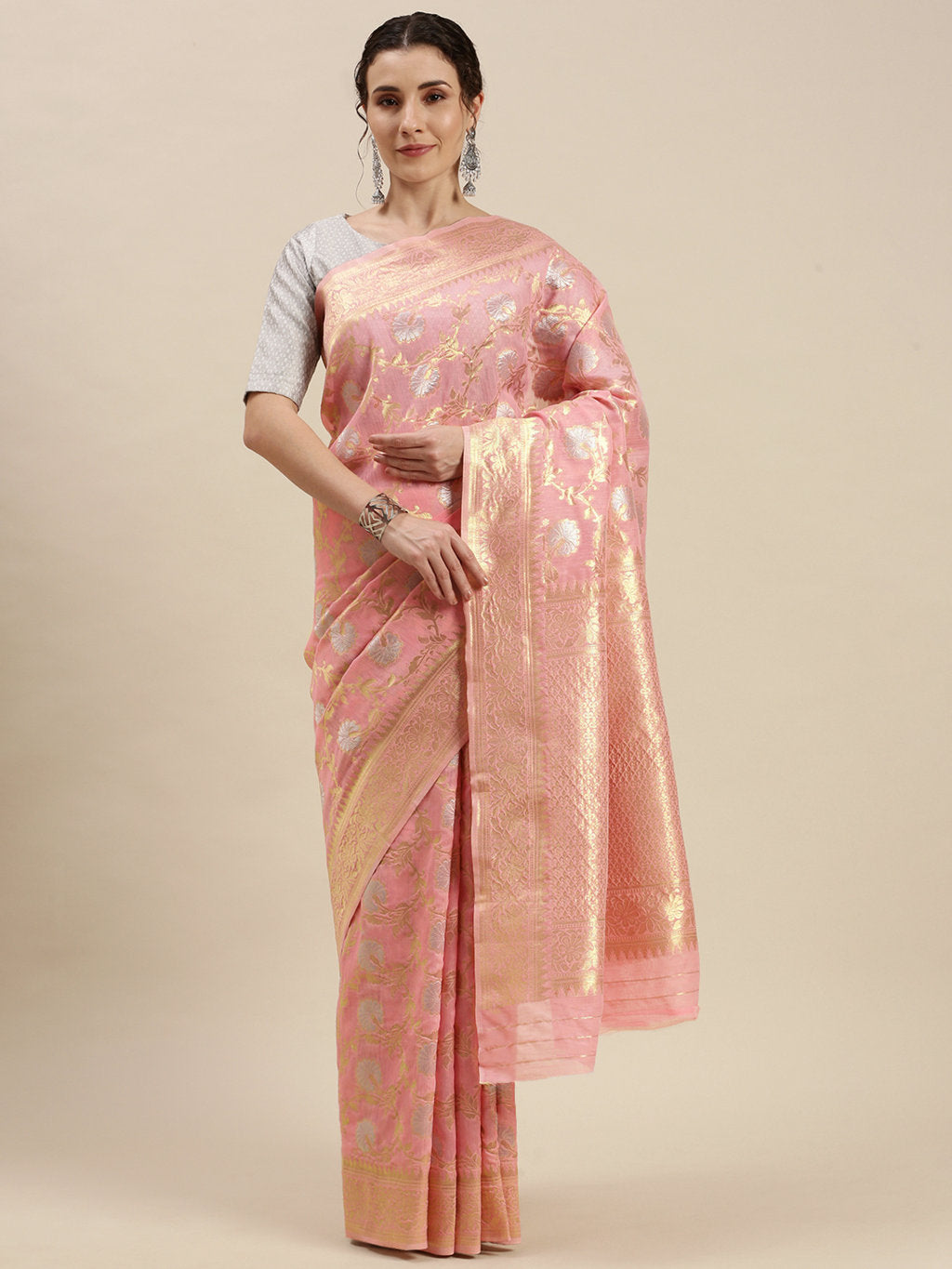 Women's Light Pink Linen Woven Work Traditional Saree - Sangam Prints