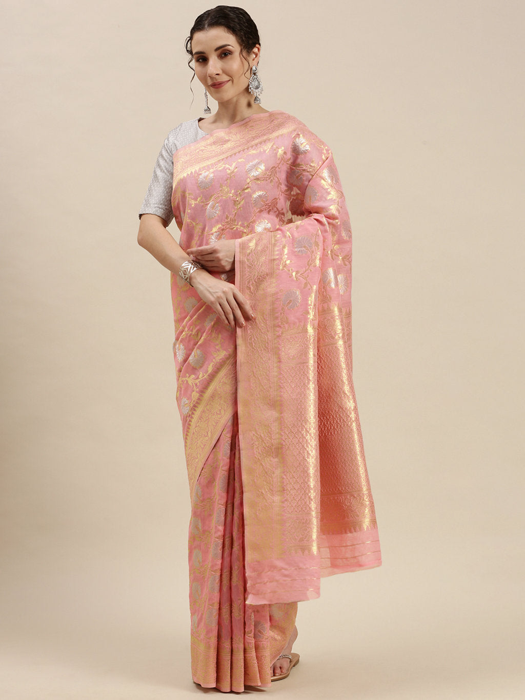Women's Light Pink Linen Woven Work Traditional Saree - Sangam Prints