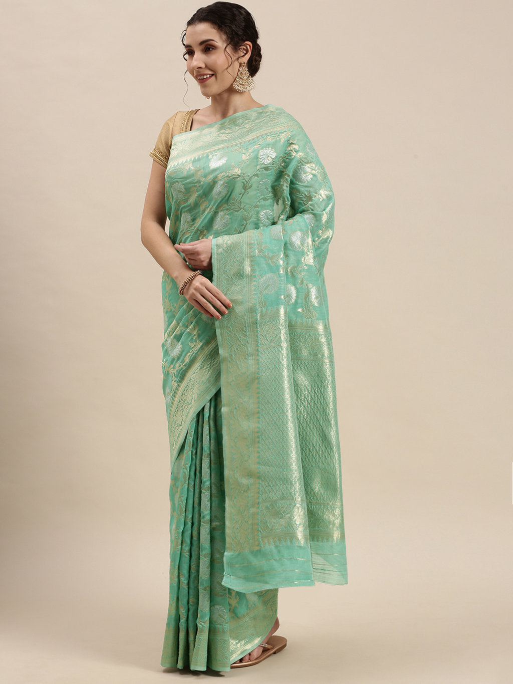 Women's Rama Linen Woven Work Traditional Saree - Sangam Prints