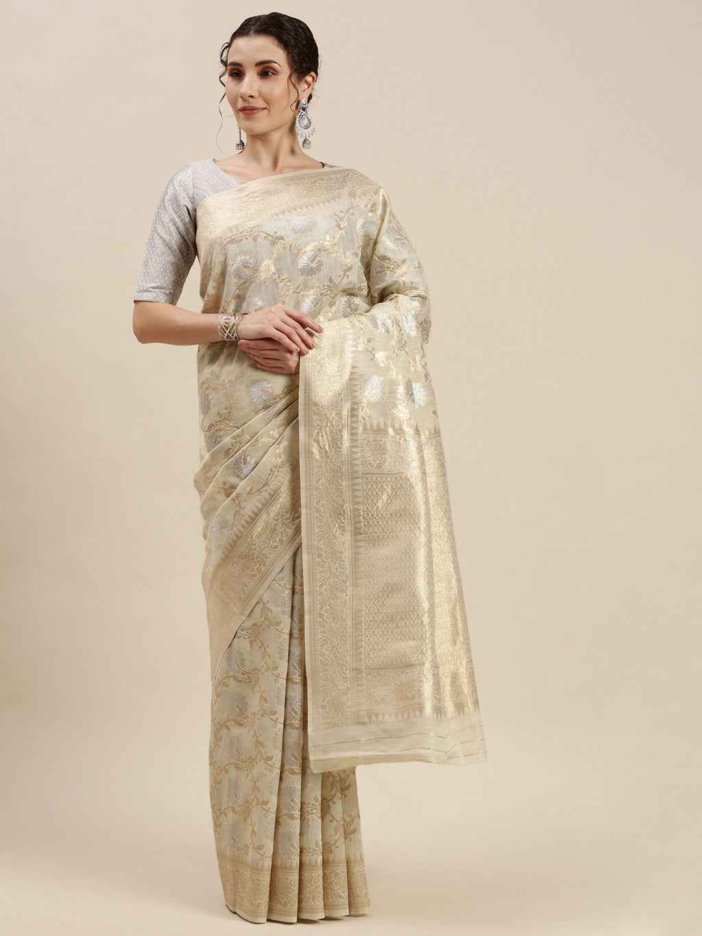 Women's Cream Linen Woven Work Traditional Saree - Sangam Prints