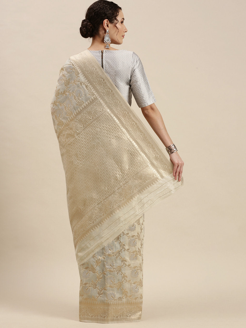 Women's Cream Linen Woven Work Traditional Saree - Sangam Prints