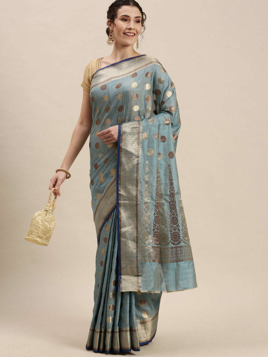 Women's Sky Blue Cotton Handloom Woven Work Traditional Saree - Sangam Prints
