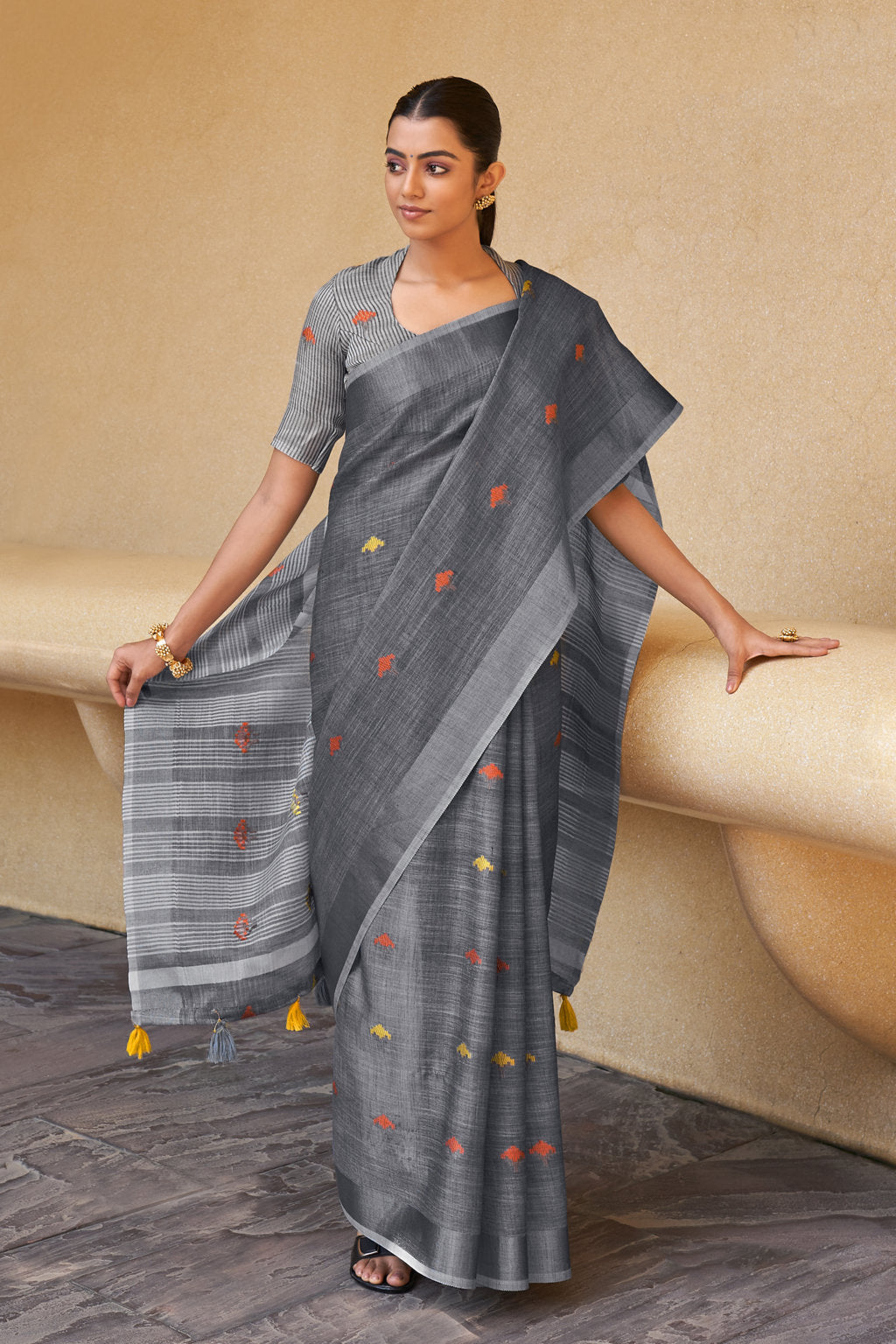 Women's Grey Linen Woven Zari Work Traditional Tassle Saree - Sangam Prints