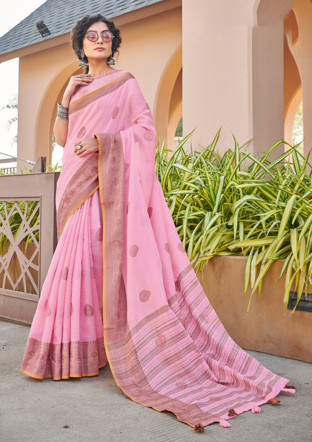 Women's Pink Cotton Wover Work Traditional Tassle Saree - Sangam Prints