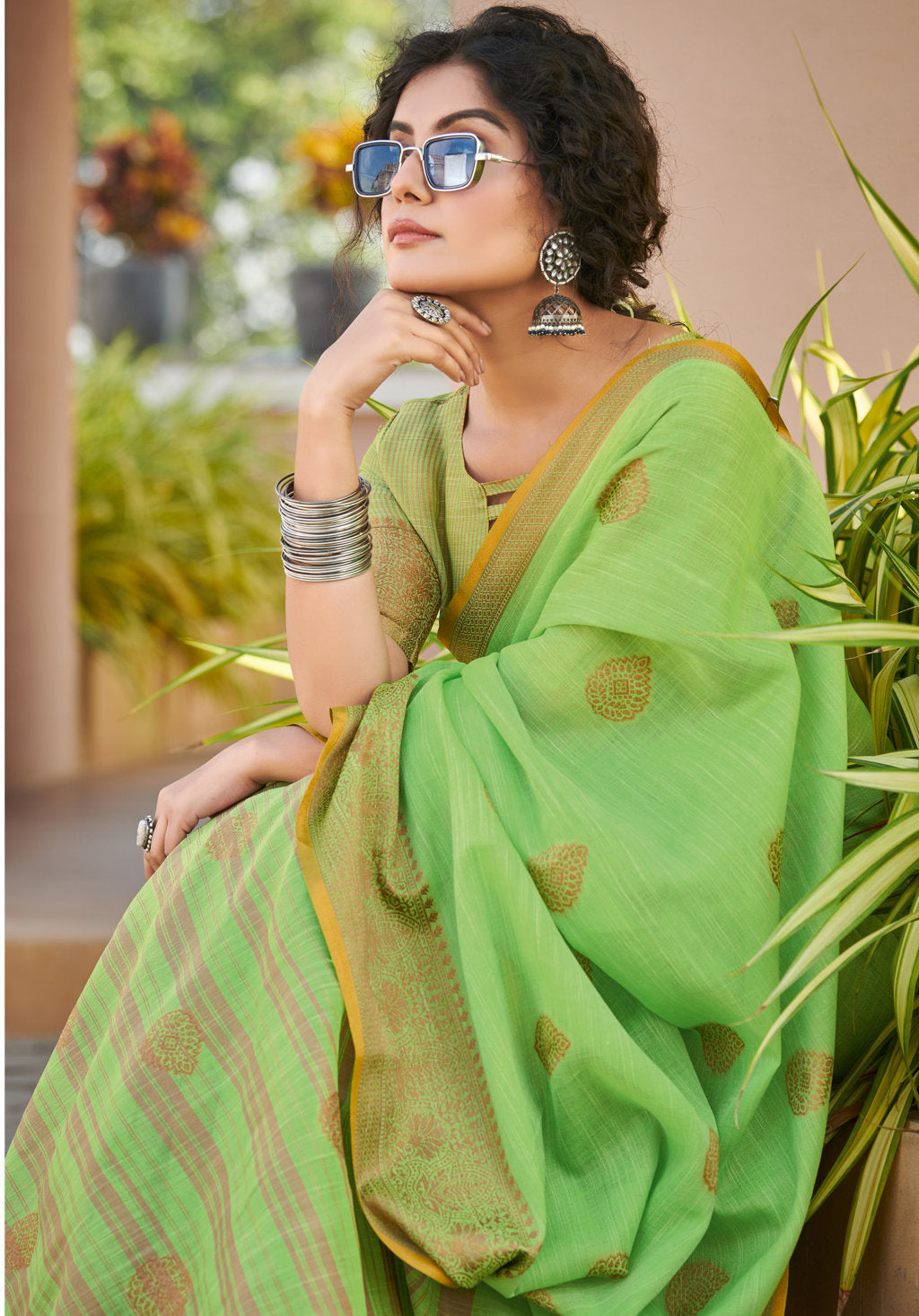 Women's Light Green Cotton Wover Work Traditional Tassle Saree - Sangam Prints