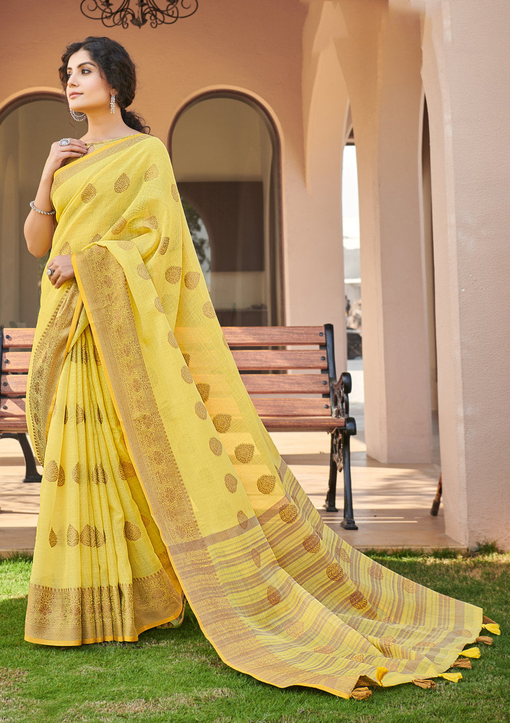 Women's Yellow Cotton Wover Work Traditional Tassle Saree - Sangam Prints
