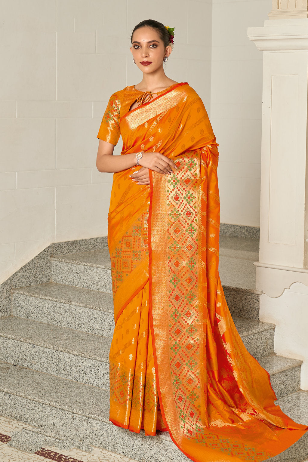 Women's Sangam Prints Orange Silk Woven Work Traditional saree - Sangam Prints