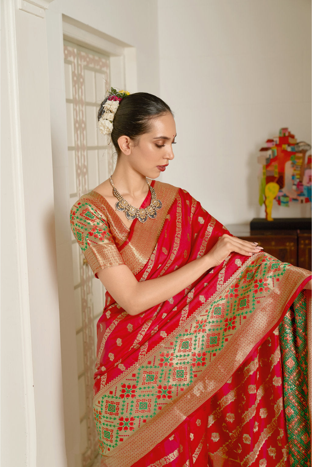 Women's Sangam Prints Red Silk Woven Work Traditional saree - Sangam Prints