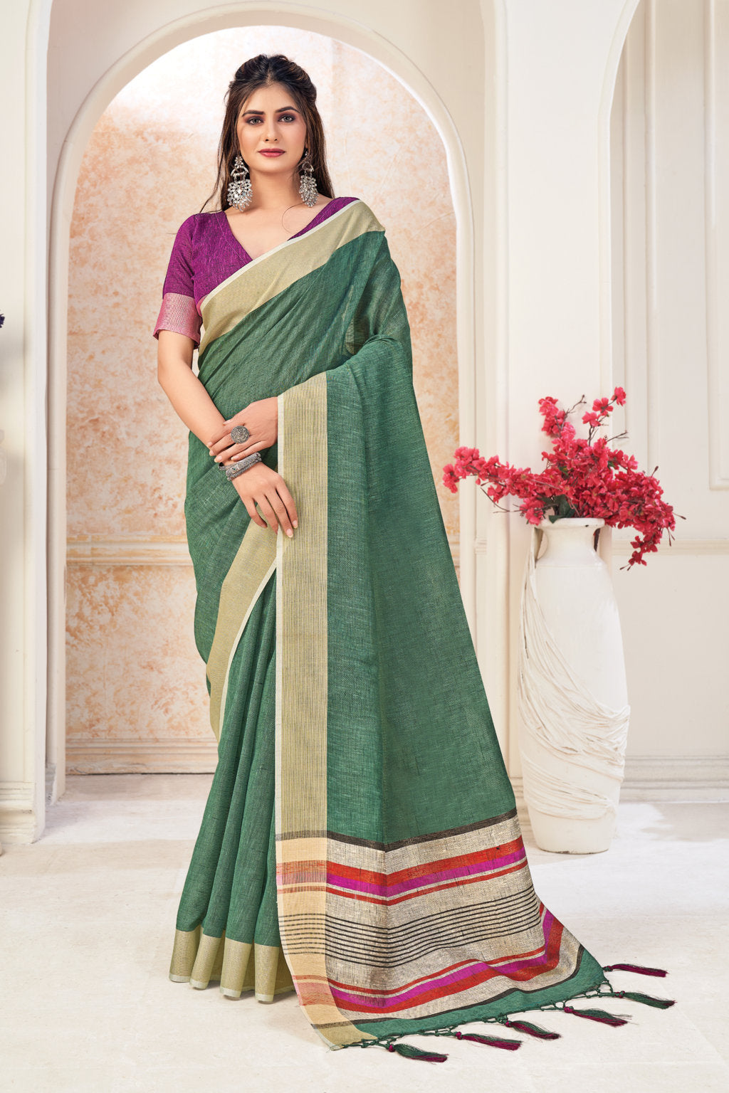 Women's Light Green Linen Wover Work Traditional Tassle Saree - Sangam Prints