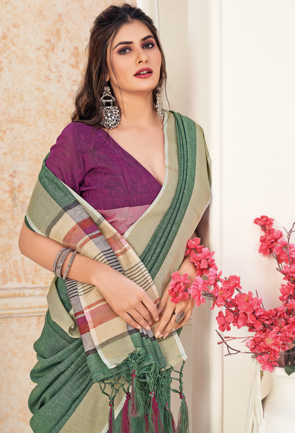Women's Light Green Linen Wover Work Traditional Tassle Saree - Sangam Prints