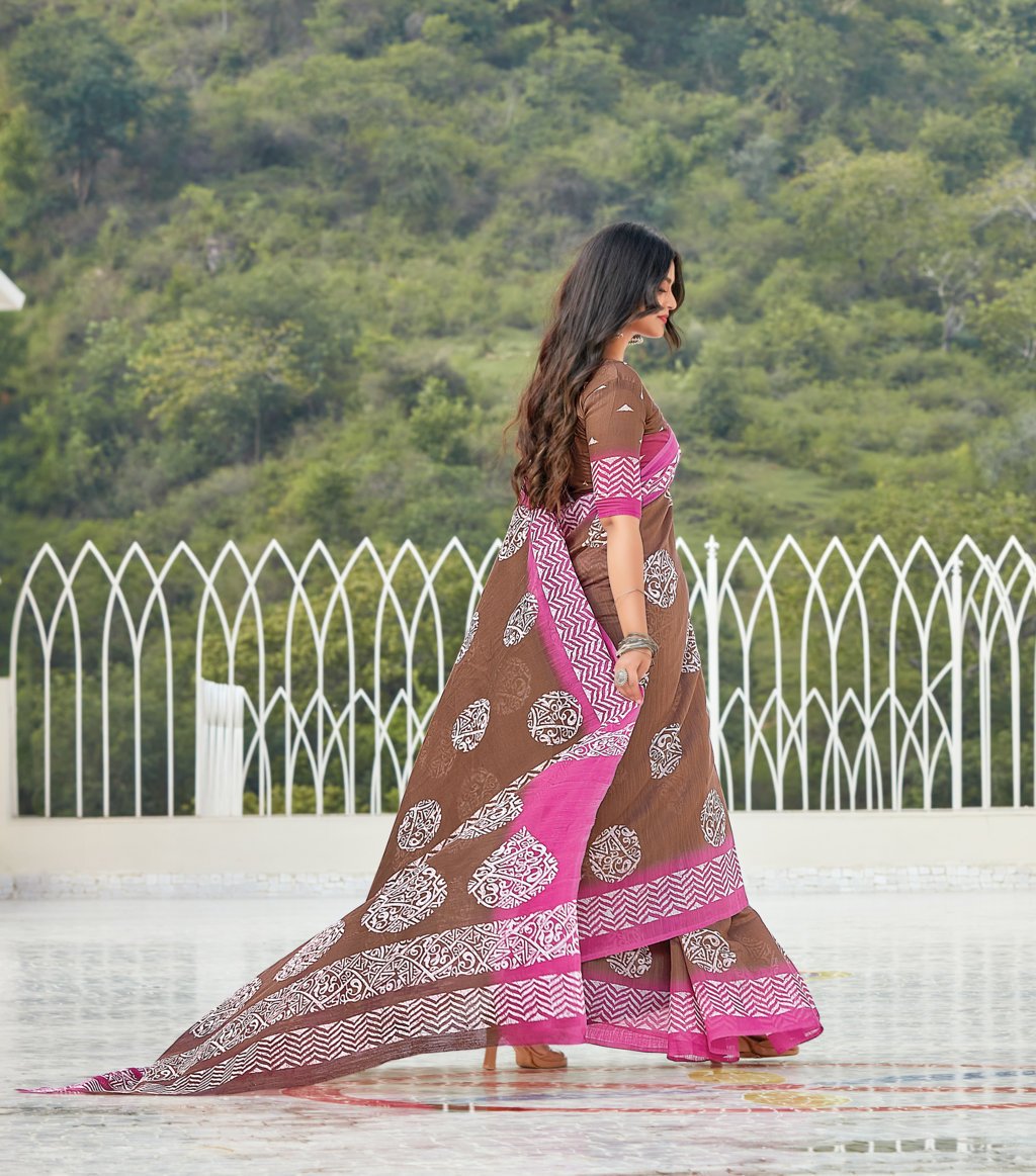 Women's Brown & Pink Cotton Printed Traditional Saree - Sangam Prints