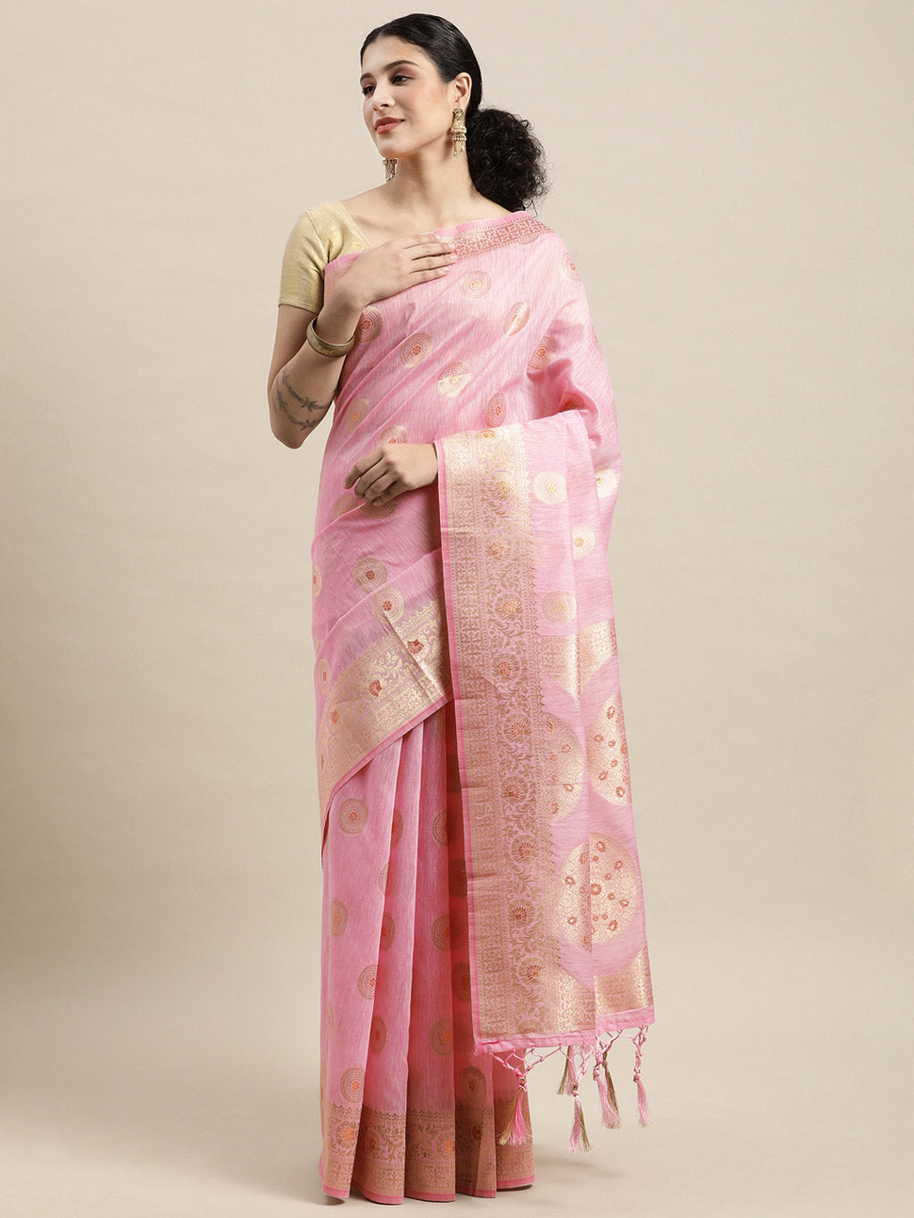 Women's Pink Linen Gold Zari Work Traditional Tassle Saree - Sangam Prints