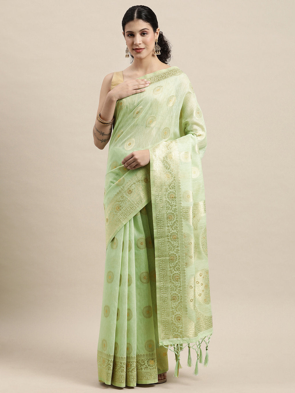 Women's Light Green Linen Gold Zari Work Traditional Tassle Saree - Sangam Prints