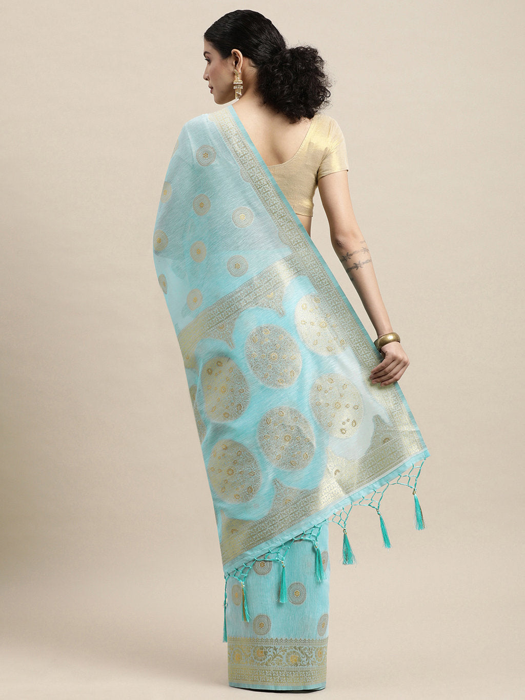Women's Sky Blue Linen Gold Zari Work Traditional Tassle Saree - Sangam Prints