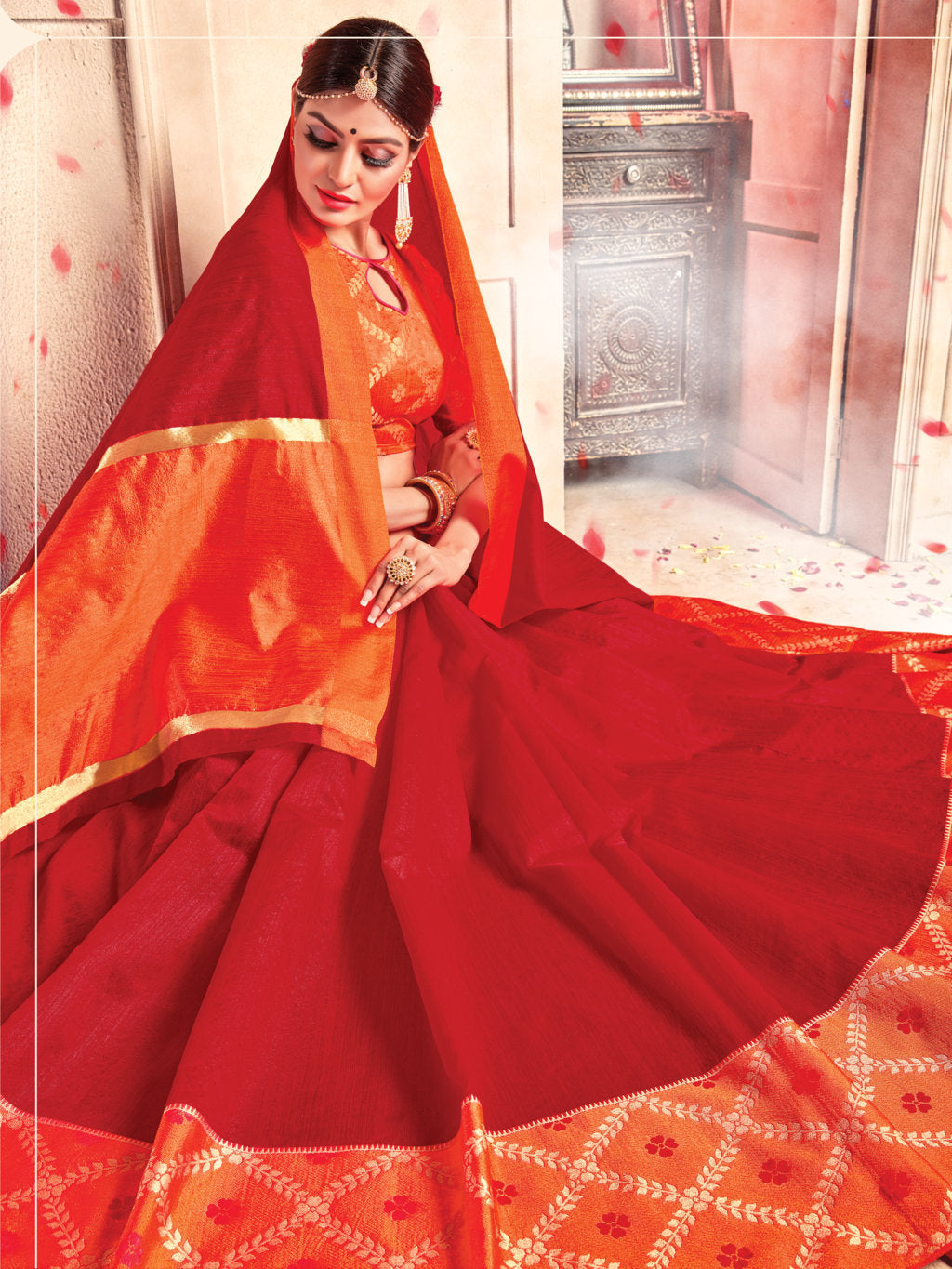 Women's Red Crystal Silk Woven Zari Work Traditional Saree - Sangam Prints