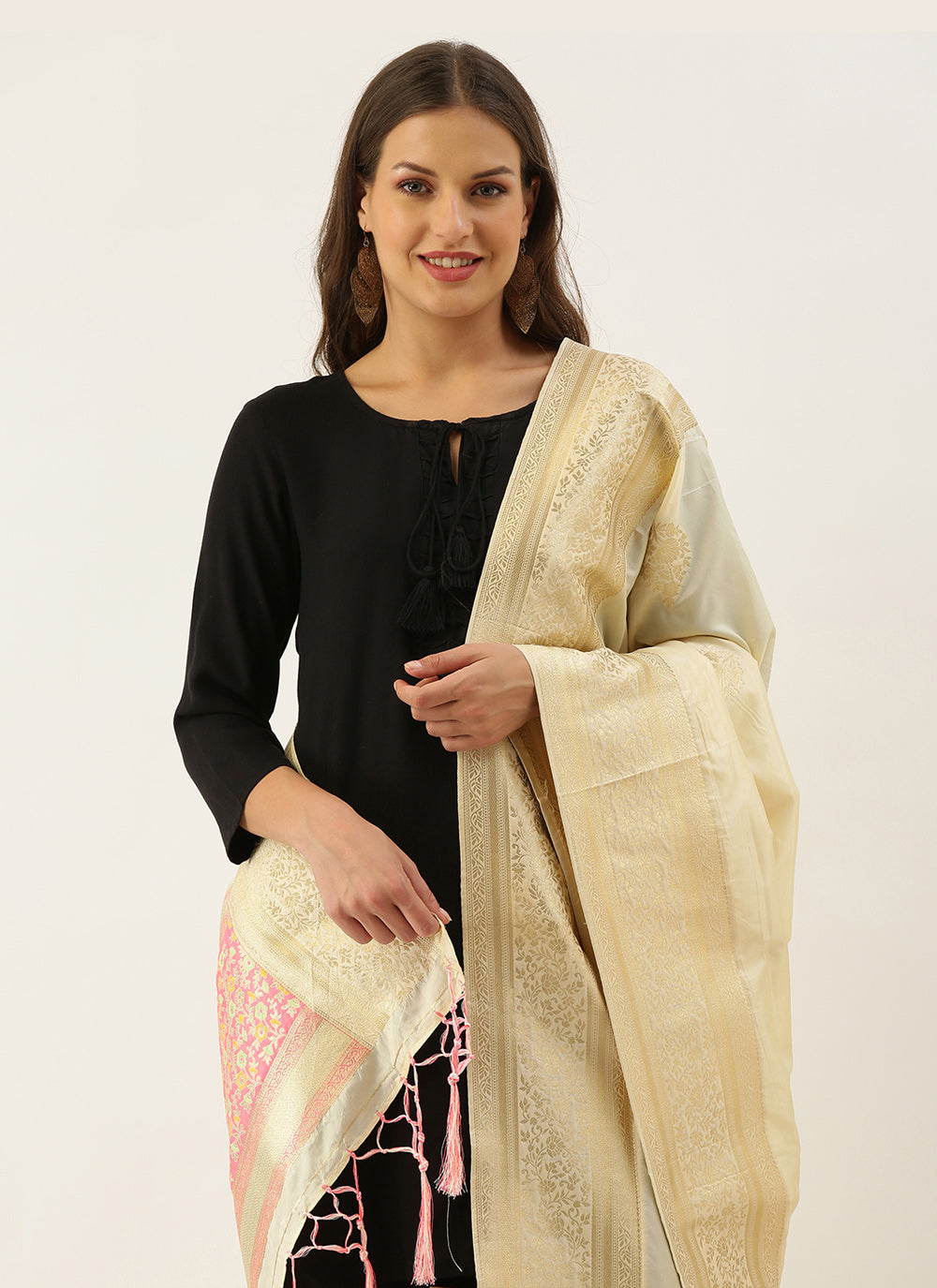 Women's Cream Banarasi silk Weaving Work Traditional Tassel Dupatta - Sangam Prints