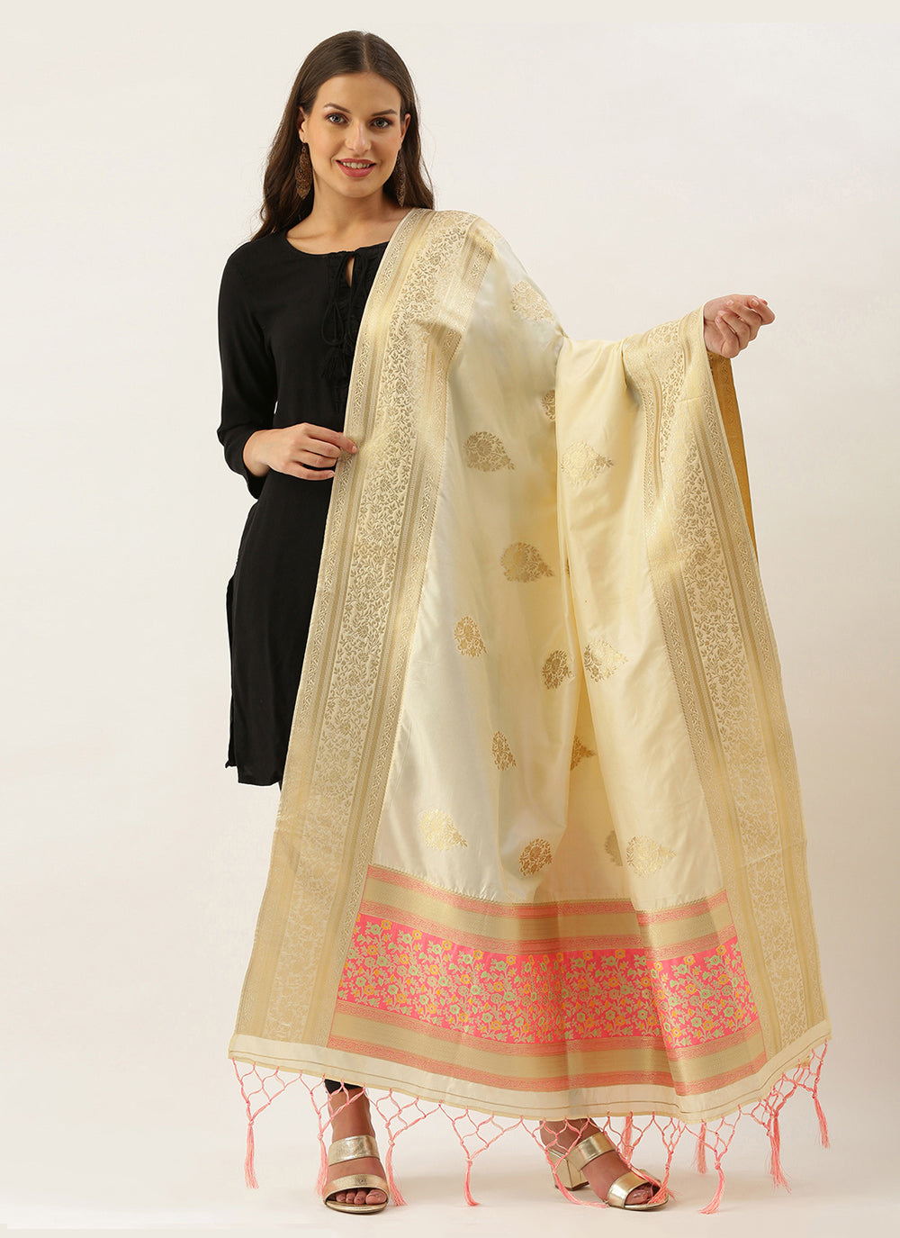 Women's Cream Banarasi silk Weaving Work Traditional Tassel Dupatta - Sangam Prints