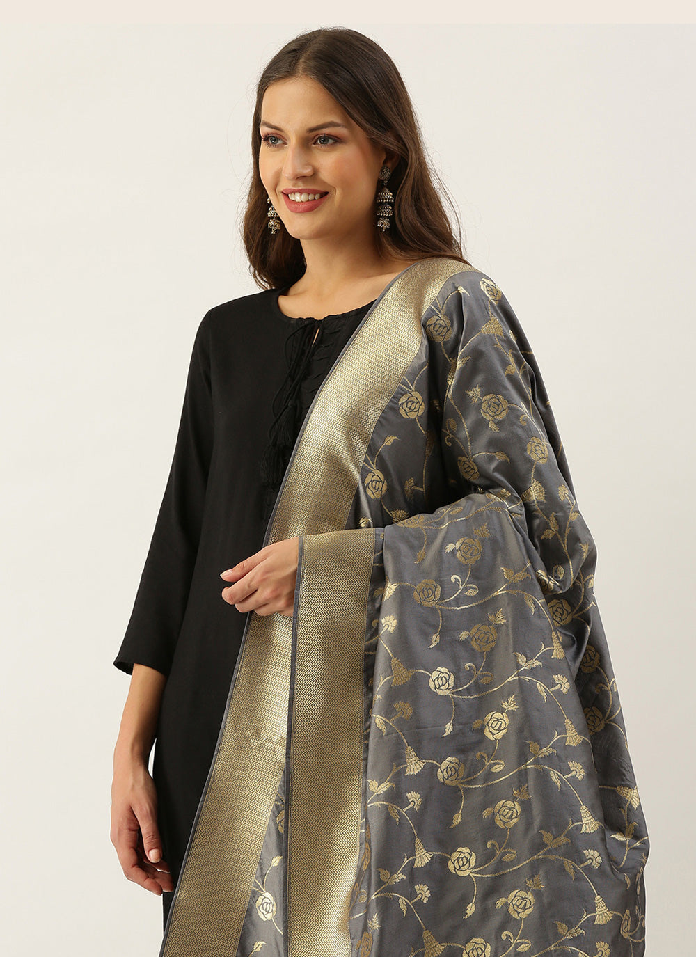 Women's Grey Banarasi silk Weaving Work Traditional Tassel Dupatta - Sangam Prints
