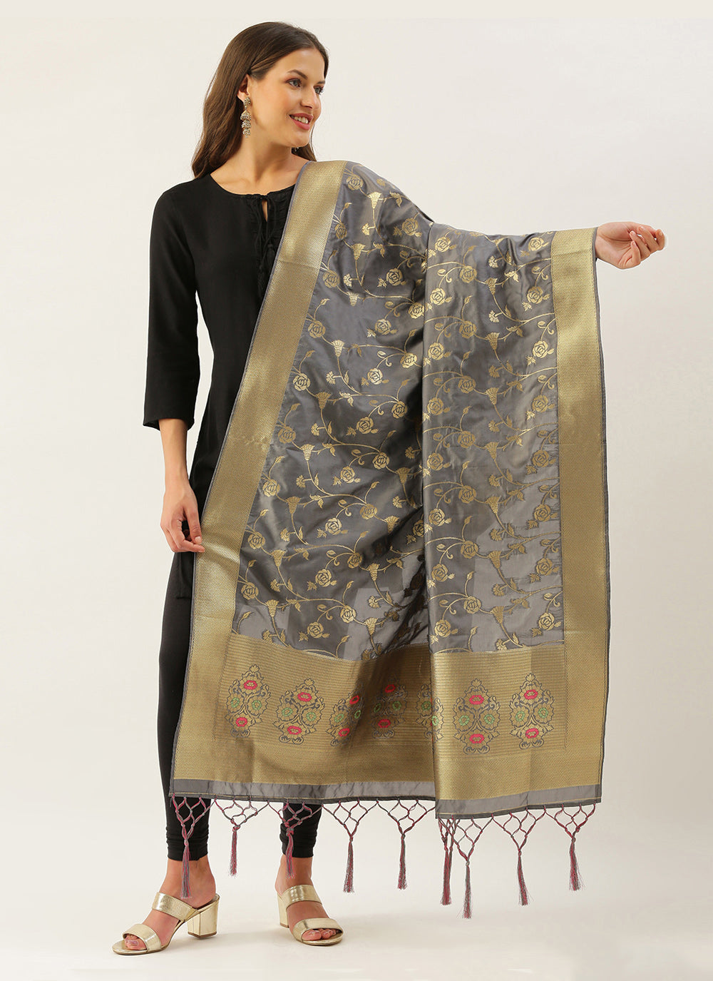 Women's Grey Banarasi silk Weaving Work Traditional Tassel Dupatta - Sangam Prints