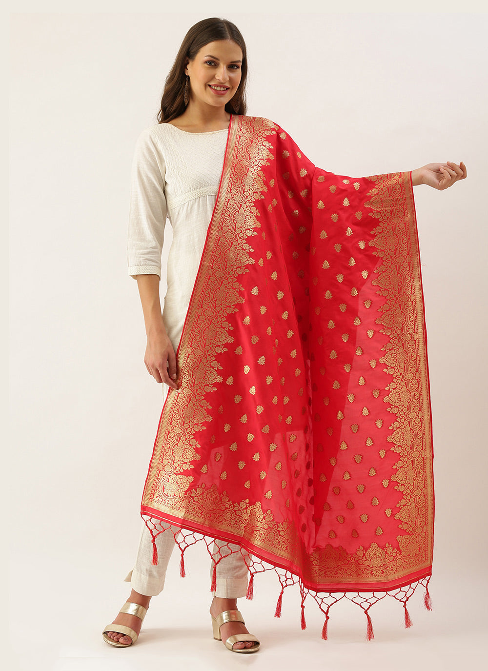 Women's Red Banarasi silk Weaving Work Traditional Tassel Dupatta - Sangam Prints