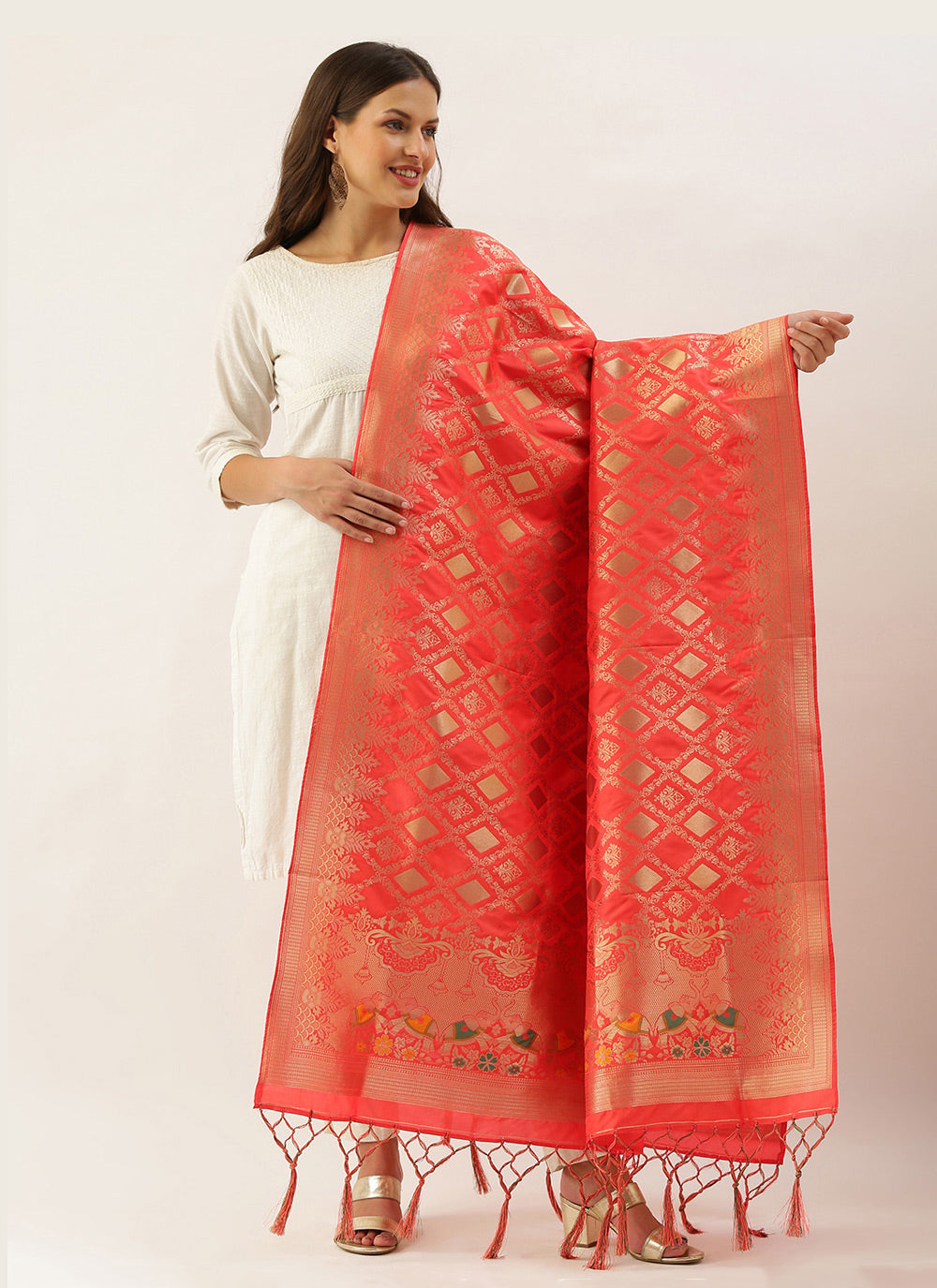 Women's Orange Banarasi silk Weaving Work Traditional Tassel Dupatta - Sangam Prints