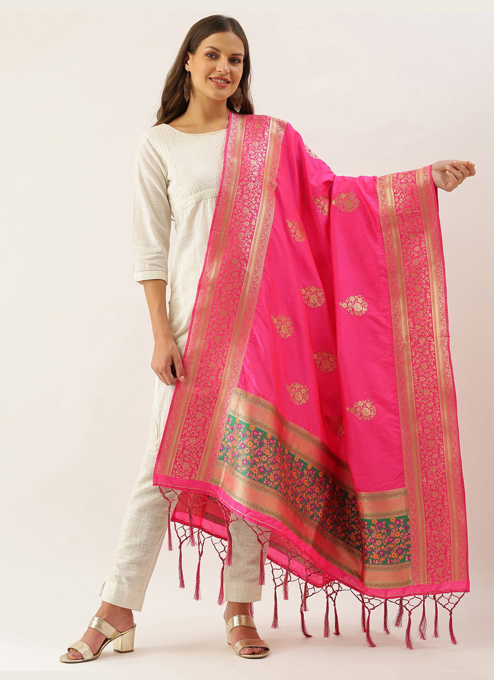 Women's Pink Banarasi silk Weaving Work Traditional Tassel Dupatta - Sangam Prints