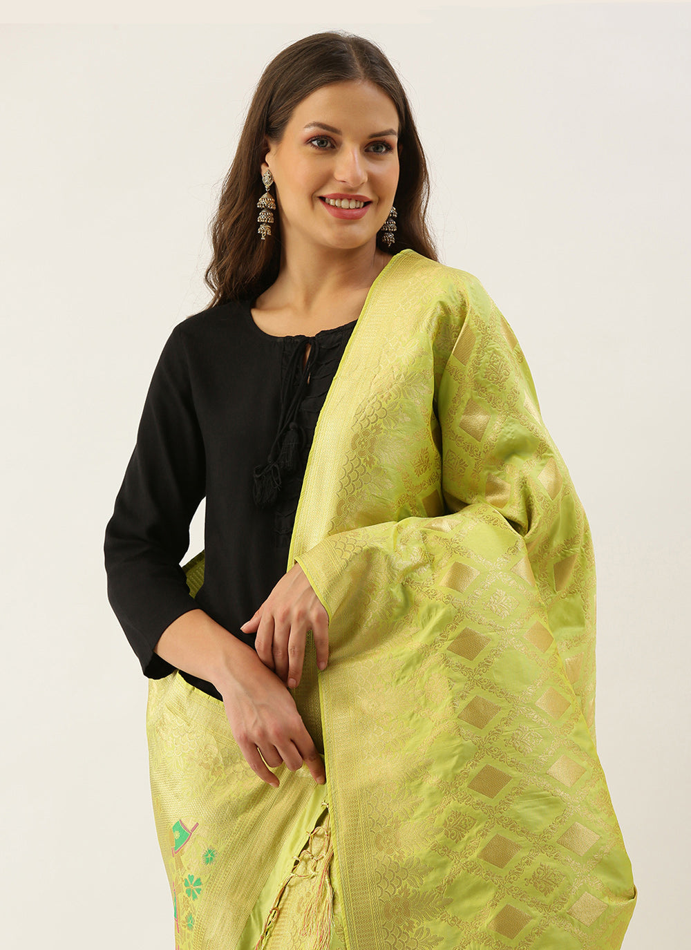 Women's Pista Green Banarasi silk Weaving Work Traditional Tassel Dupatta - Sangam Prints