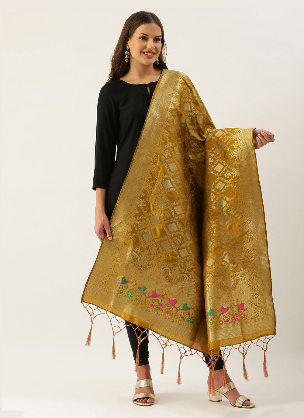 Women's Mehendi Green Banarasi silk Weaving Work Traditional Tassel Dupatta - Sangam Prints