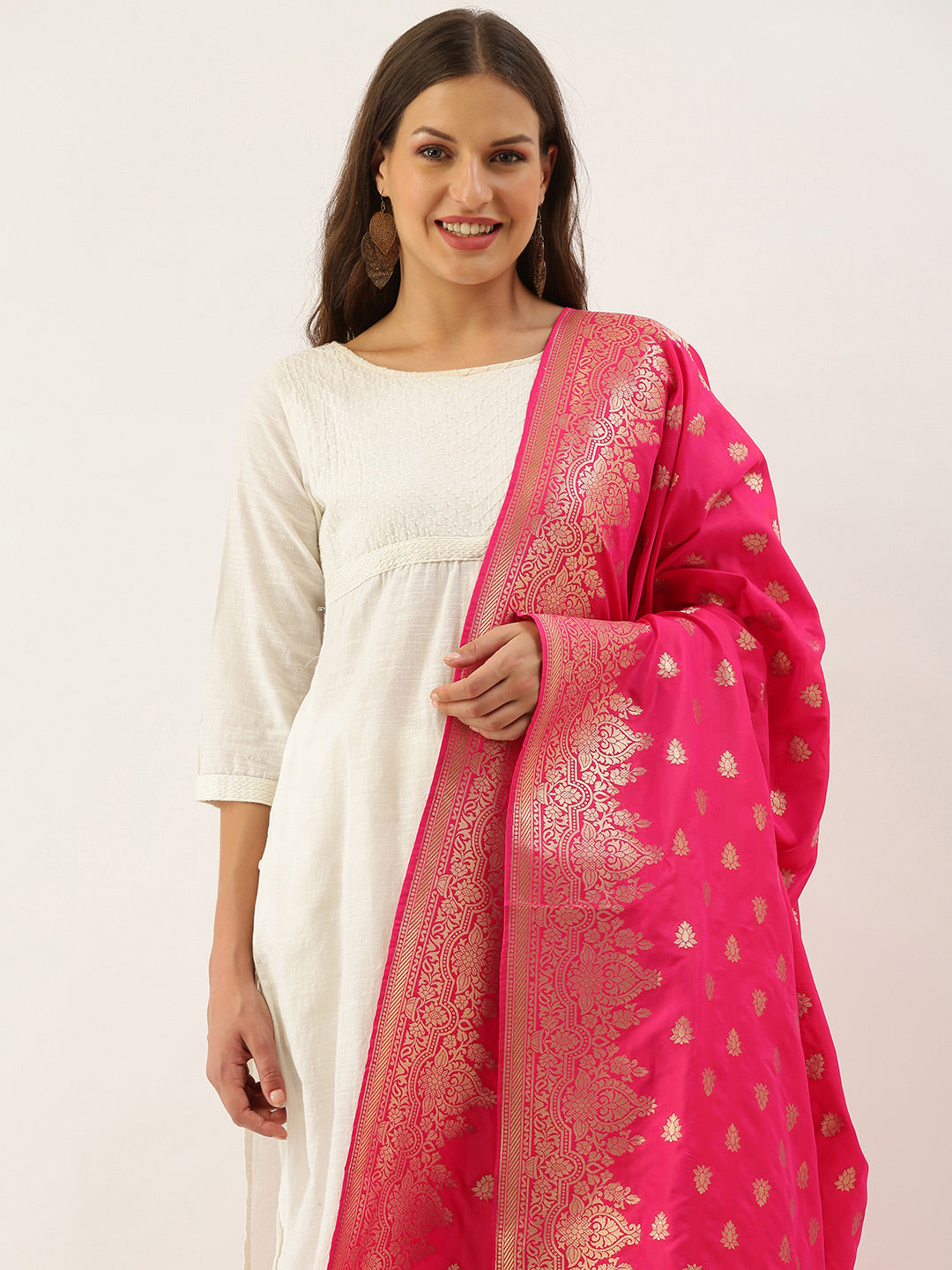 Women's Rani Pink Banarasi silk Weaving Work Traditional Tassel Dupatta - Sangam Prints