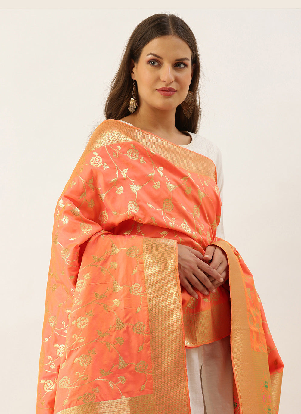 Women's Orange Banarasi silk Weaving Work Traditional Tassel Dupatta - Sangam Prints