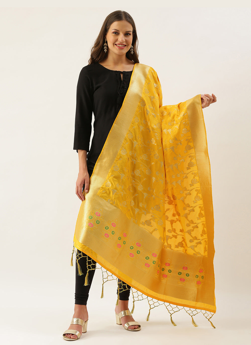 Women's Yellow Banarasi silk Weaving Work Traditional Tassel Dupatta - Sangam Prints
