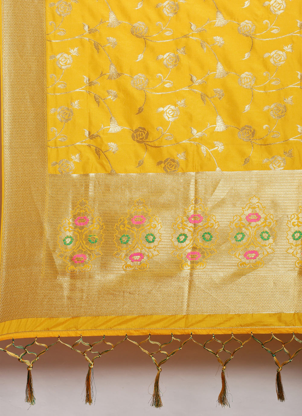 Women's Yellow Banarasi silk Weaving Work Traditional Tassel Dupatta - Sangam Prints
