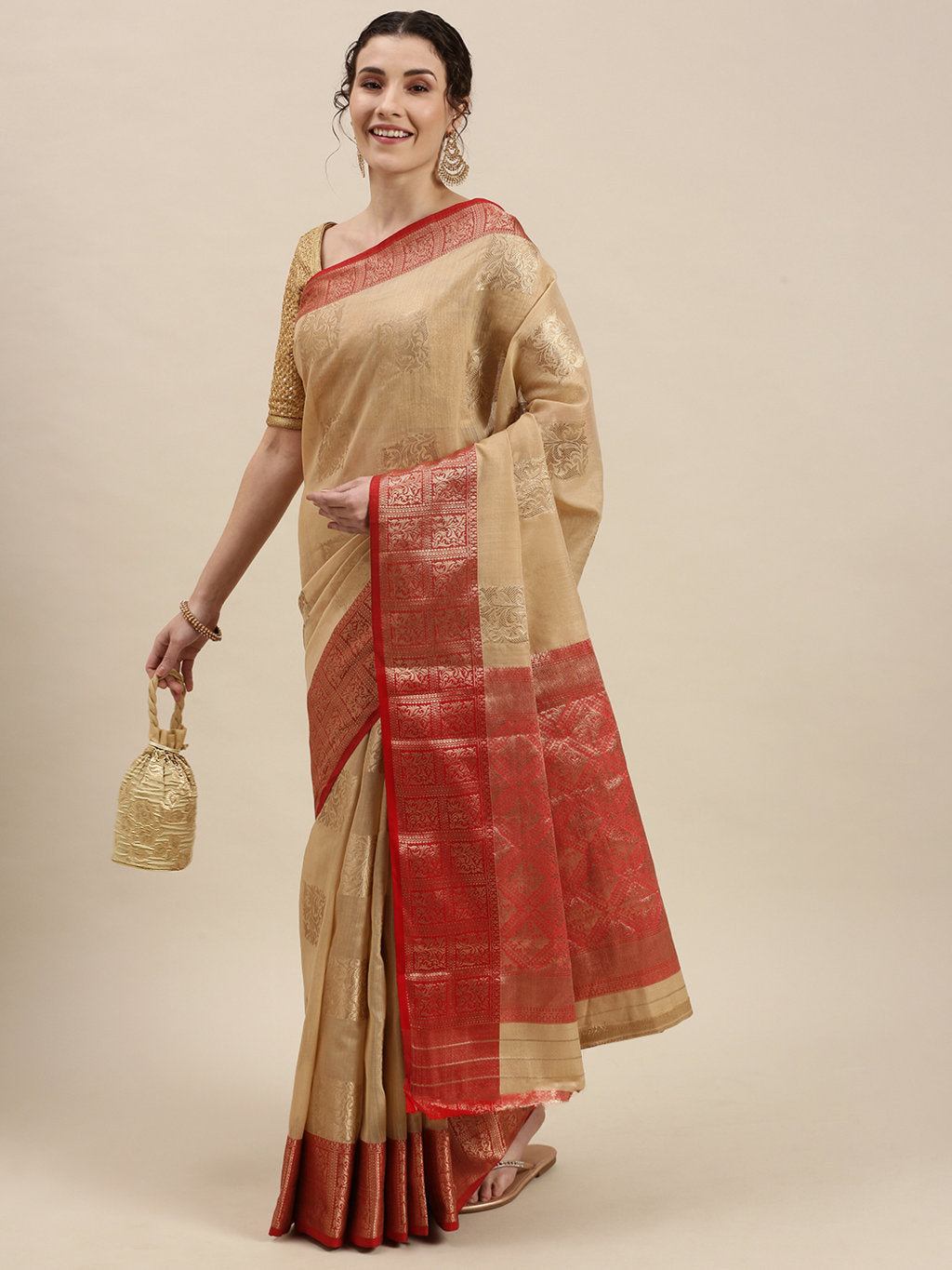 Women's Beige Linen Woven Work Traditional Saree - Sangam Prints