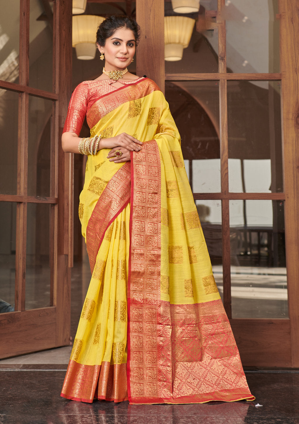 Women's Yellow Linen Wover Work Traditional Saree - Sangam Prints