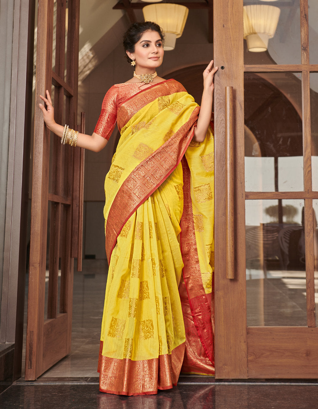Women's Yellow Linen Wover Work Traditional Saree - Sangam Prints